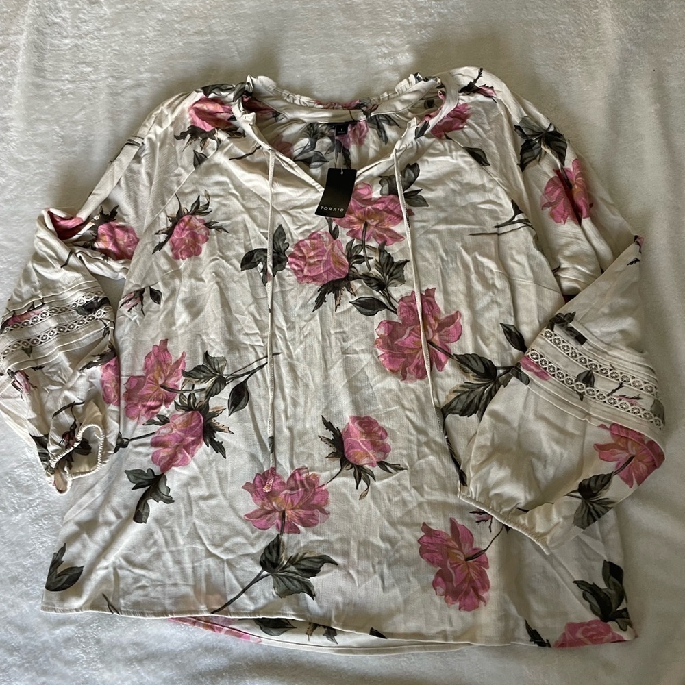Torrid Pink Floral Boho Blouse with Lace Accents